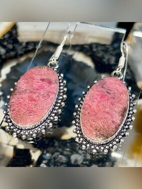 Oval Pink Rhodonite Bezel Earrings 2”